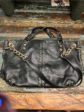 Michael Kors Black Leather Studded Shoulder Tote with Gold Chain